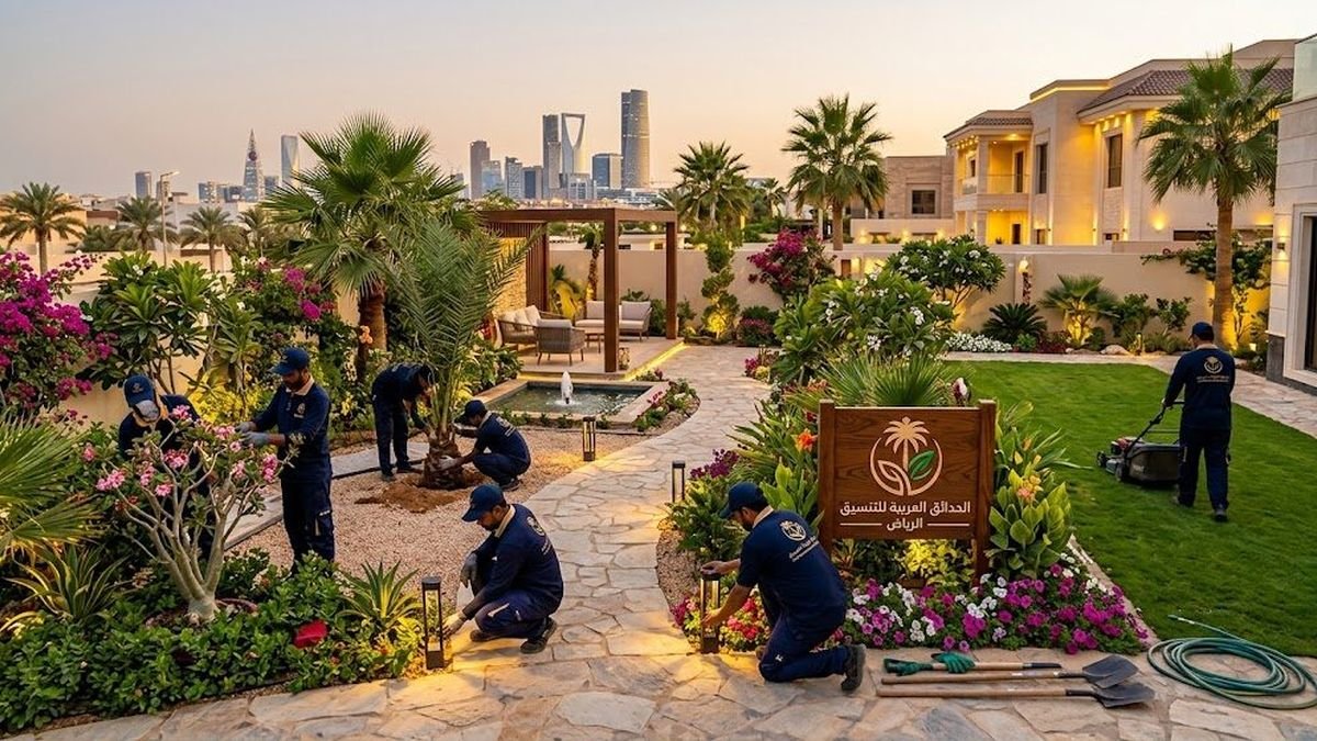 فريق البساط الأخضر أثناء تنسيق حديقة فيلا بالرياض مع إنارة ومسطح أخضر